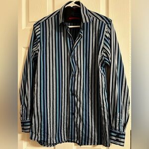 Luchiano Visconti Boys Blue Striped Button Down Dress Shirt Size 18 Cotton